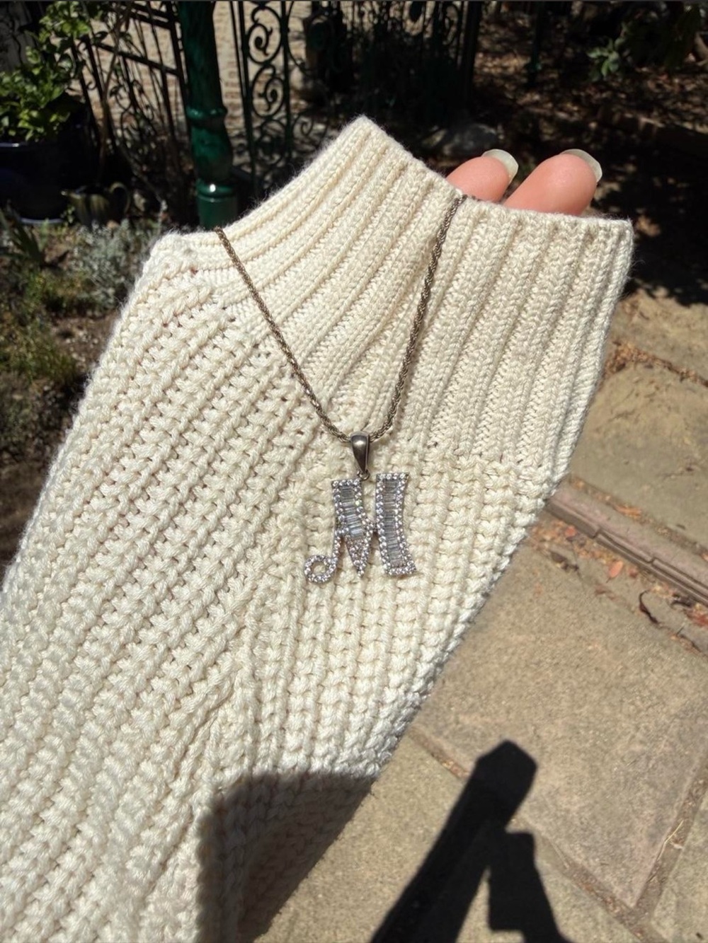 Real Silver with diamond detailing M pendant necklace with gold chain.